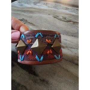 Three Bird Nest Bohemian Leather Cuff Bracelet‎ Studs Embroidered Western